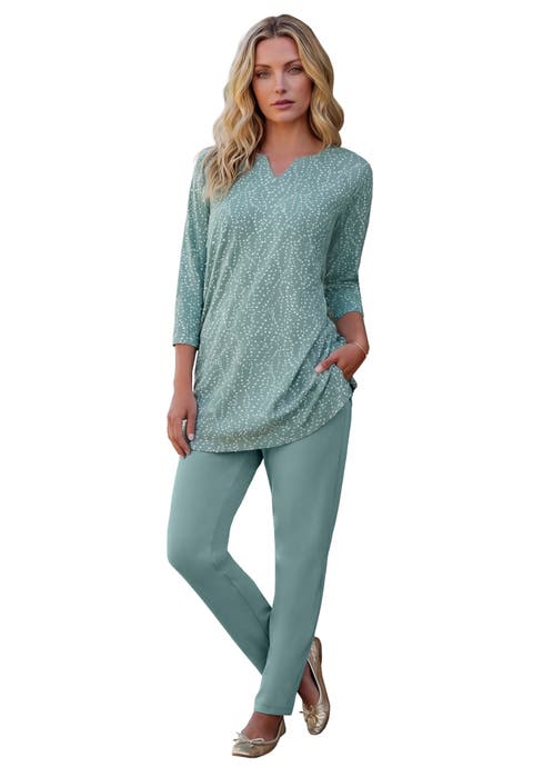 Plus Size Three Quarter Sleeve Notch Neck Soft Knit Tunic