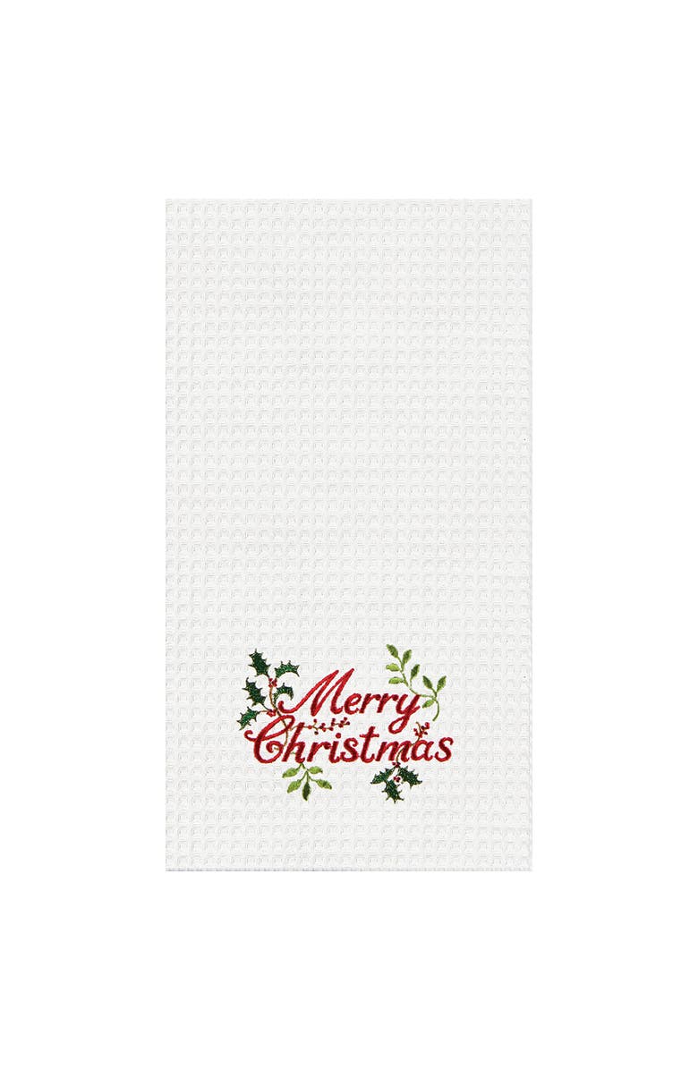 C&F Home "Merry Christmas" Holly Branches Embroidered 100% Cotton Waffle Weave Dishtowel, Main, color, White