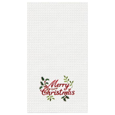 "Merry Christmas" Holly Branches Embroidered 100% Cotton Waffle Weave Dishtowel