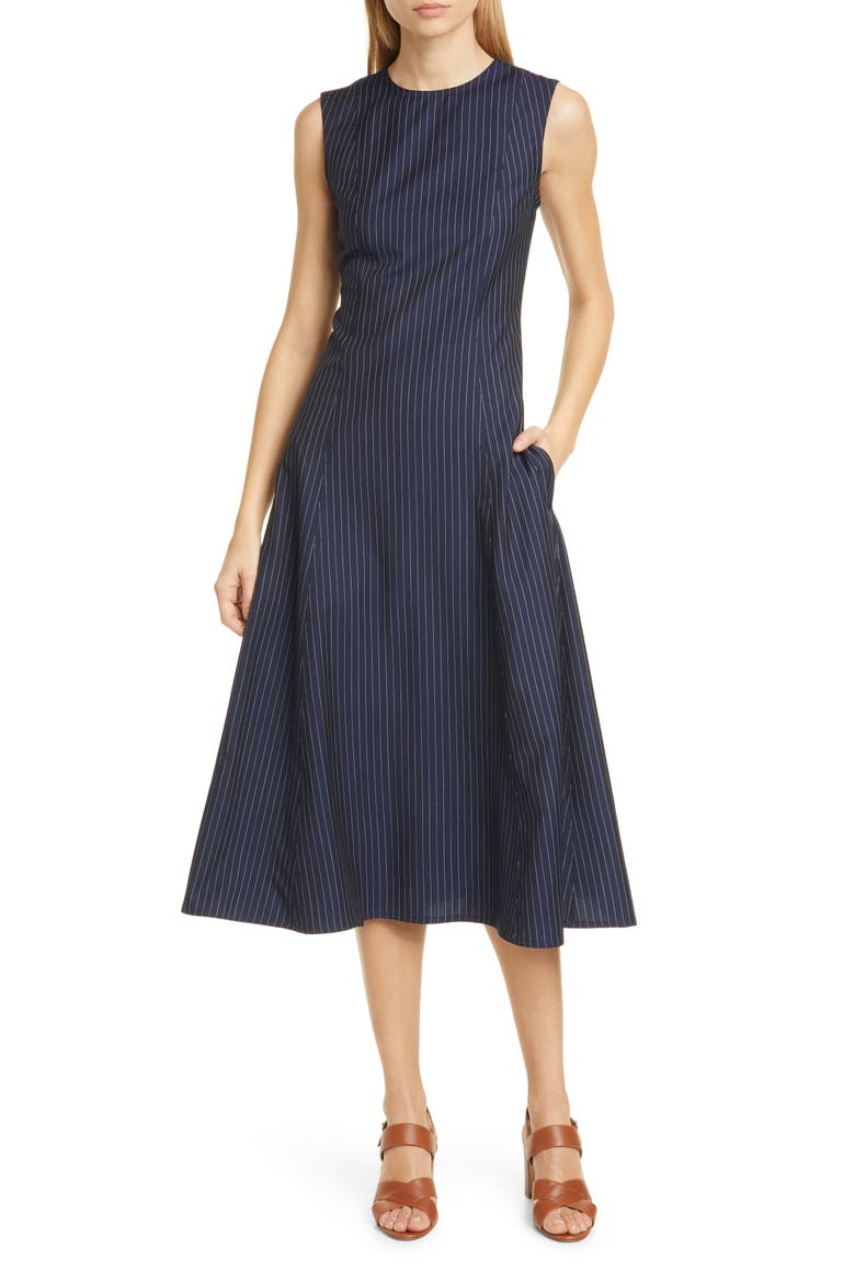 Pinstripe Midi Dress, Main, color, NAVY PINSTRIPE 2