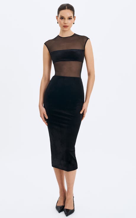 Quielle Mesh and Velvet Midi Bodycon Dress