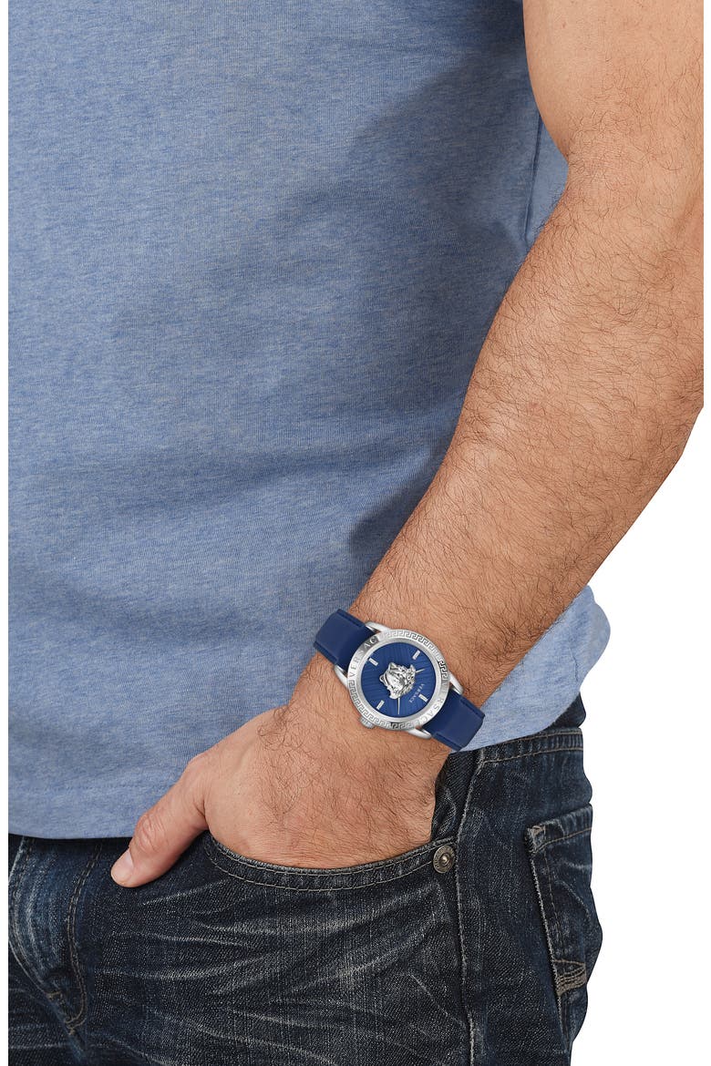 V-Code Swiss Quartz Leather Strap Watch, 43mm, Alternate, color, STAINLESS STEEL