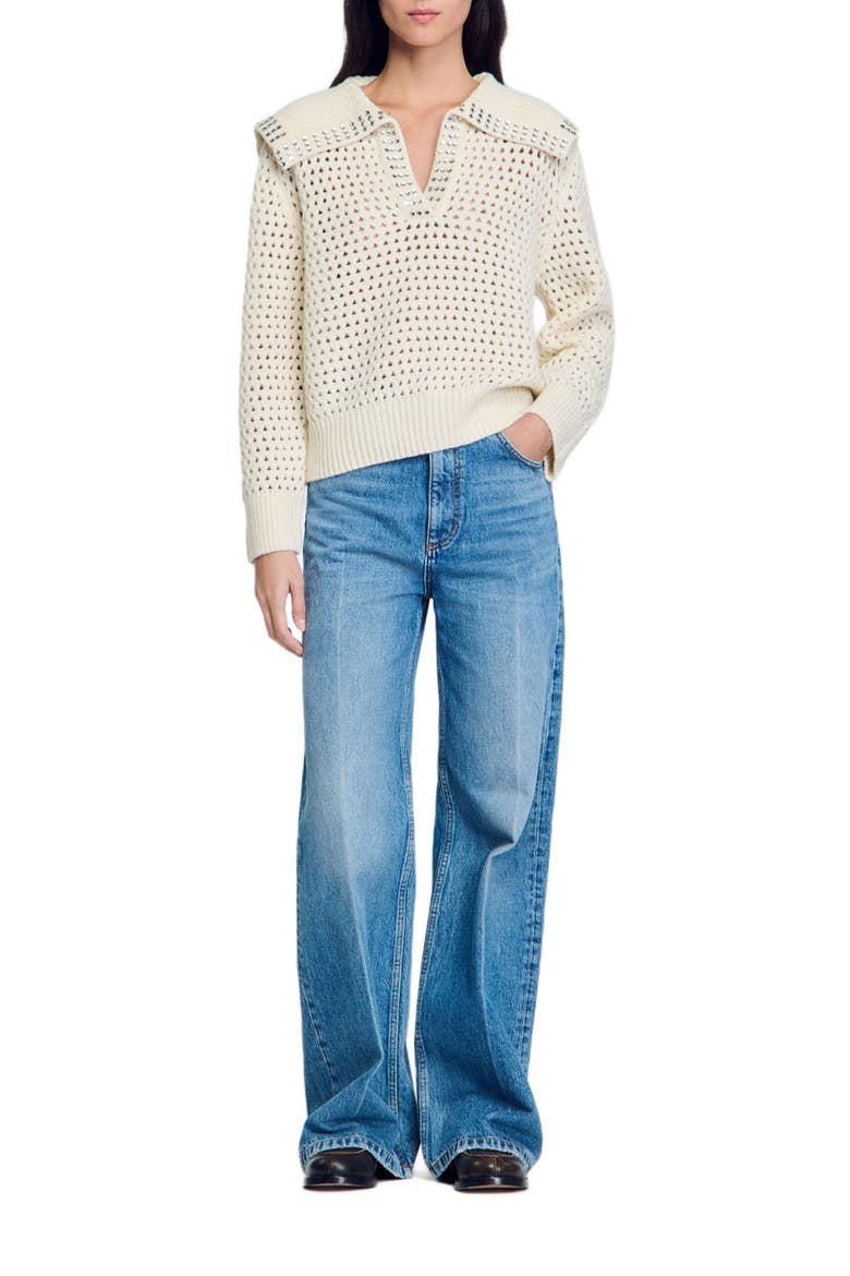 Sailor-neck wool sweater, Alternate, color, Ecru
