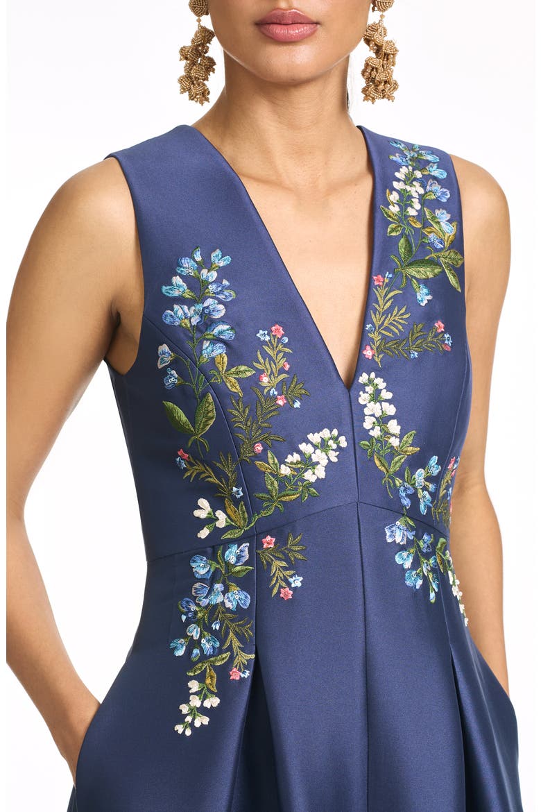 Embroidered Floral Sleeveless Mikado Gown, Alternate, color, WASHED INDIGO