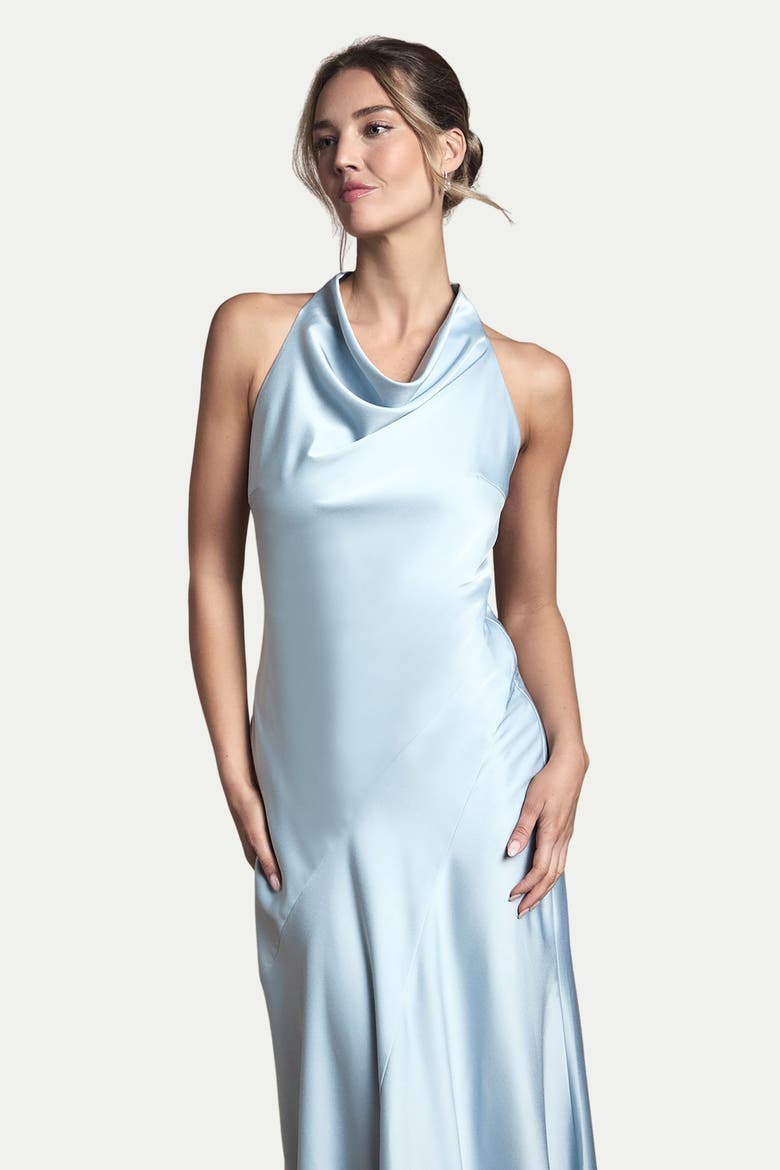 Cowl Halterneck Satin Bridesmaid Dress, Alternate, color, Light Blue