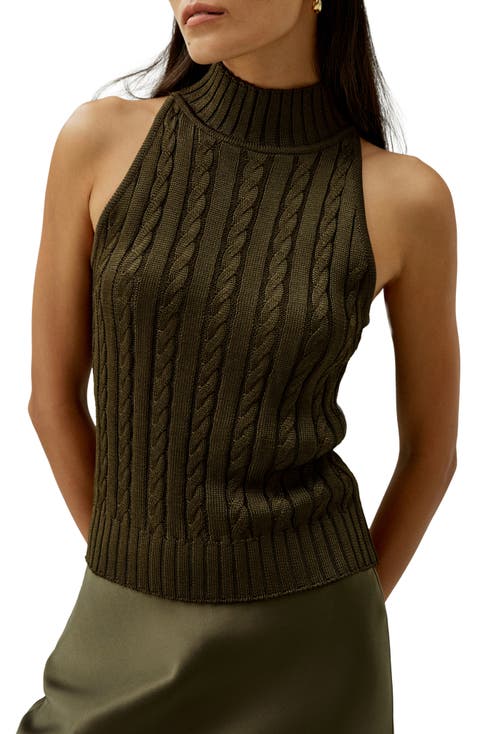 Women's Classic High-Neck Cable-Knit Sleeveless Silk Top