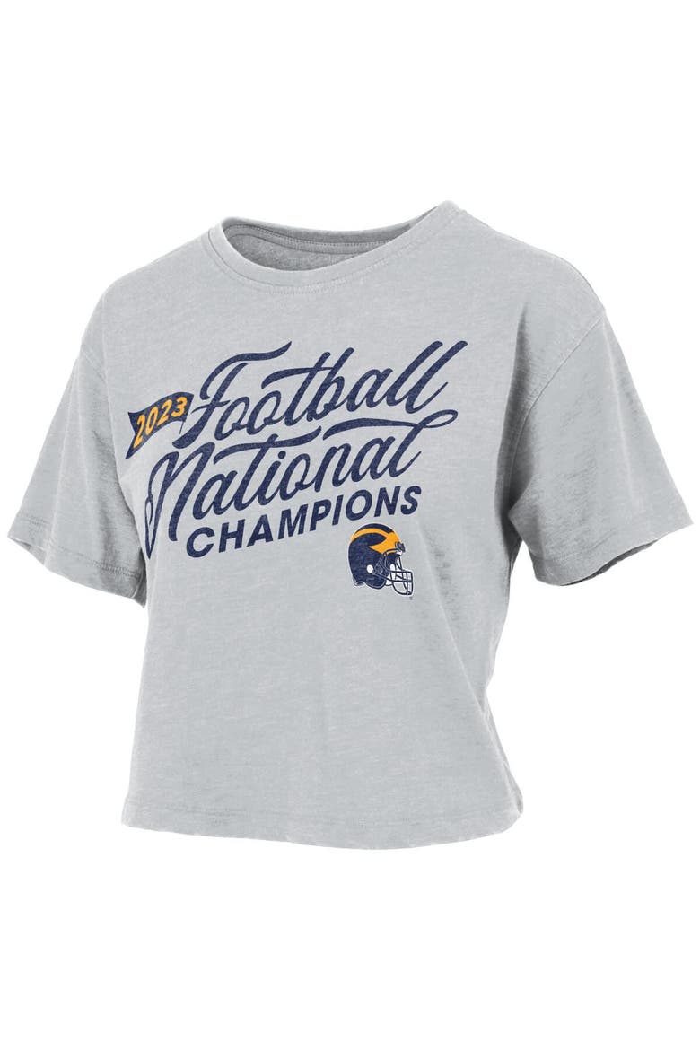 Women's Pressbox  Gray Michigan Wolverines College Football Playoff 2023 National Champions Vintage Waist-Length T-Shirt, Alternate, color, Gray