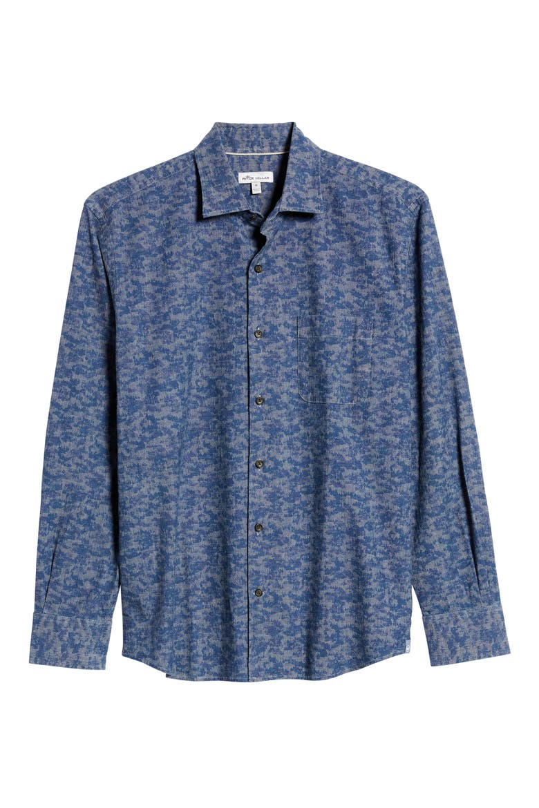 Fir Camo Cotton Chambray Long Sleeve Button-Up Shirt, Alternate, color, INDIGO