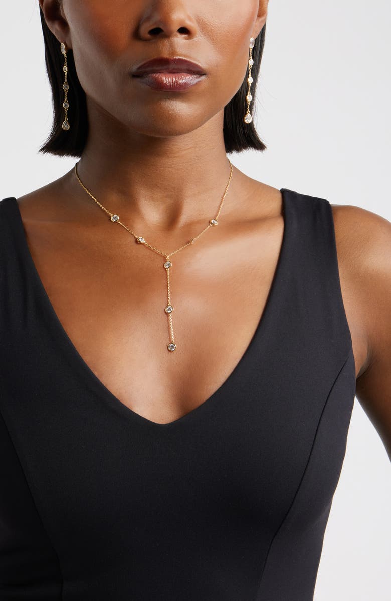 Nordstrom Bezel Cubic Zirconia Linear Drop Earrings, Alternate, color, Clear- Gold