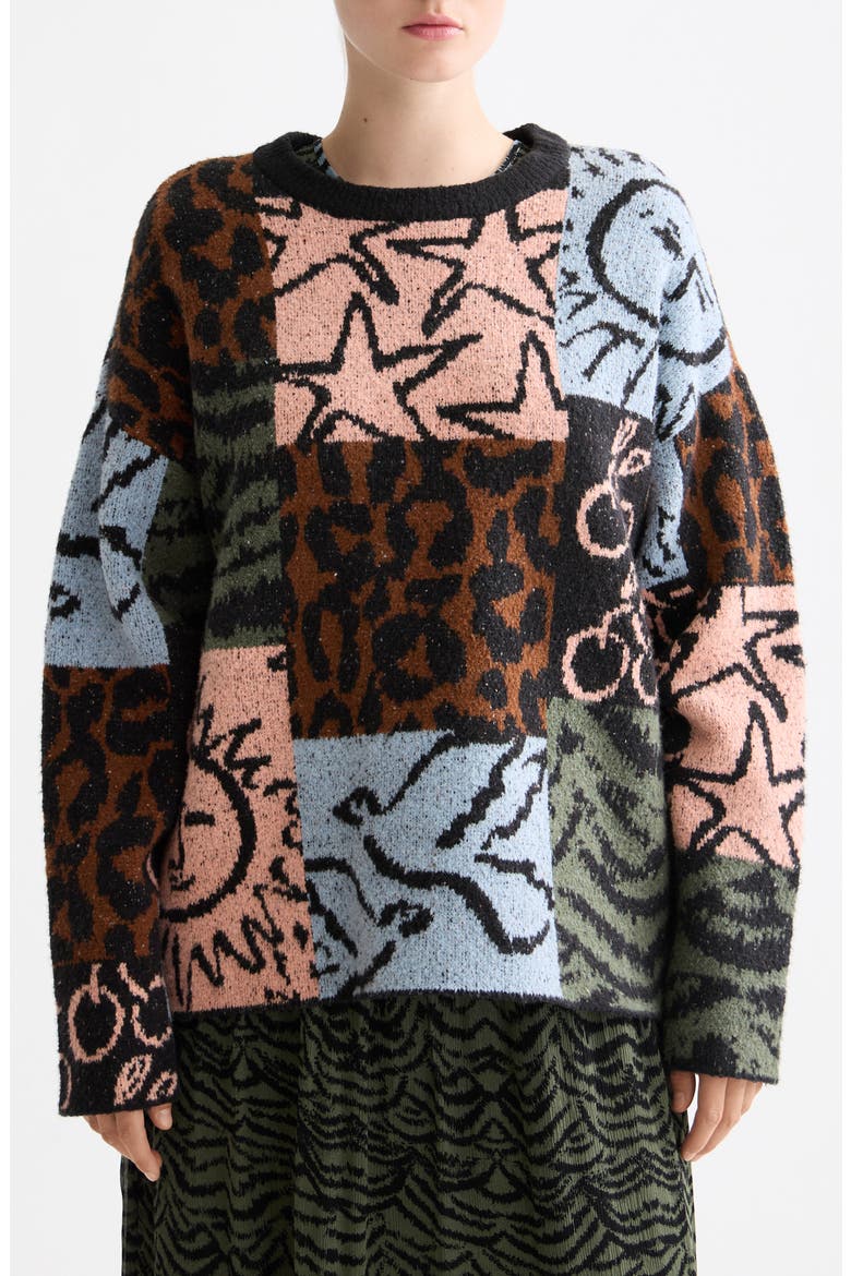 Oversize Jacquard Pullover Sweater, Main, color, LEOPARD PATCHWORK JACQUARD