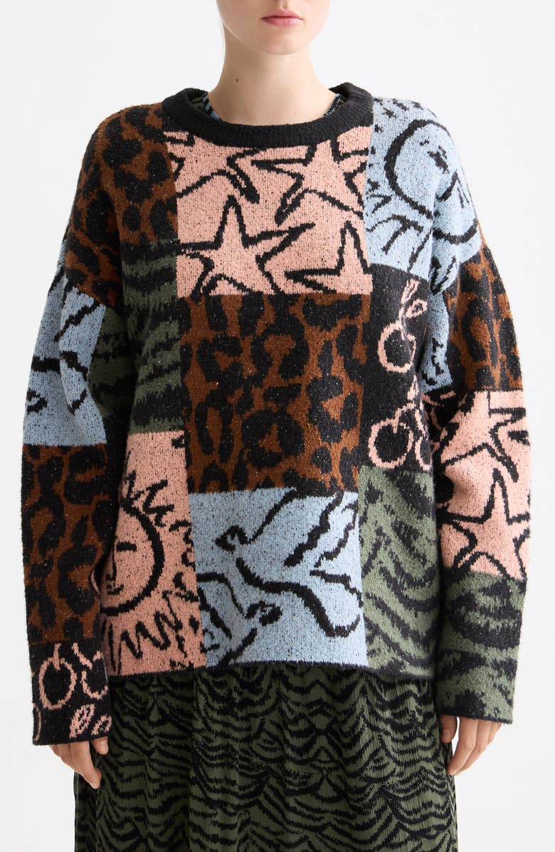 Scotch & Soda Oversize Jacquard Pullover Sweater, Main, color, Leopard Patchwork Jacquard