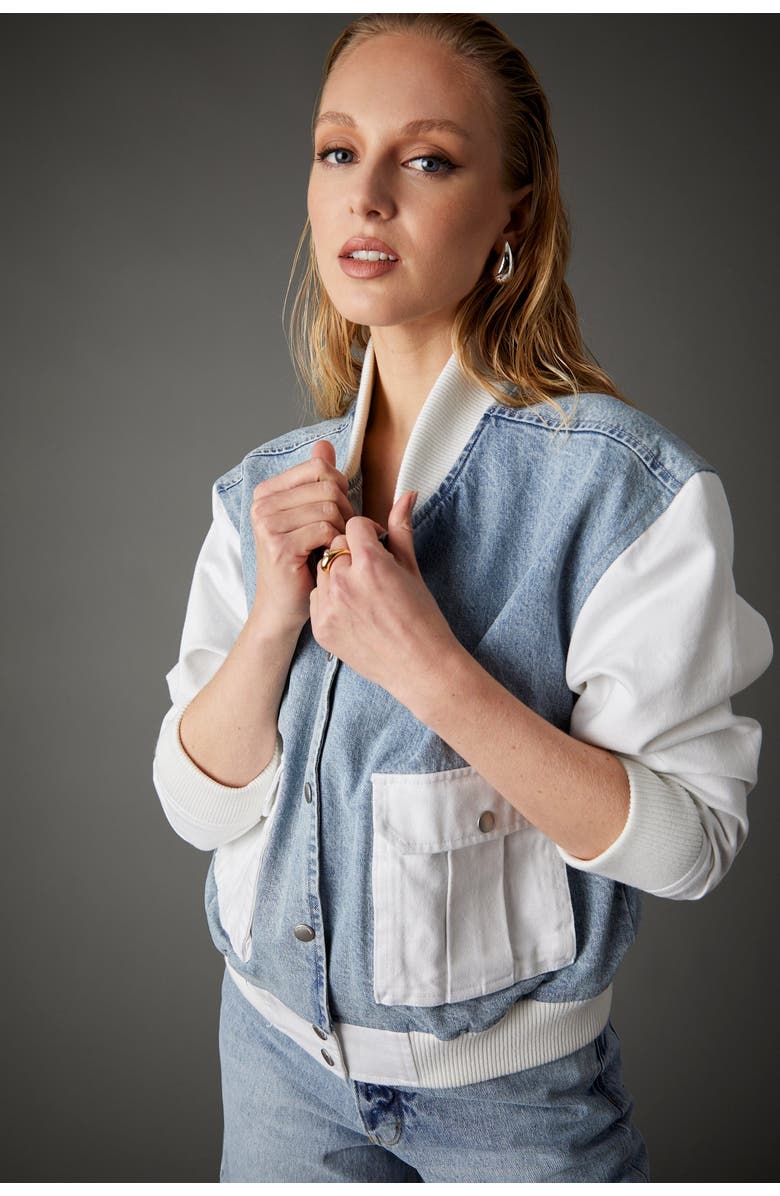 BLUE REVIVAL Admiral Mixed Media Bomber, Alternate, color, Light Stone