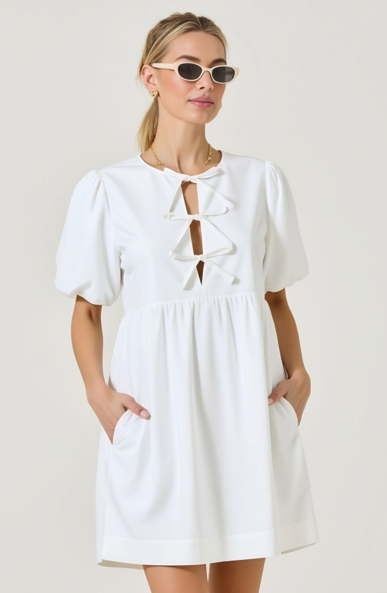 Modenaire Puff Sleeve Mini Dress with Keyhole Front and Bow Tie Detail, Alternate, color, White