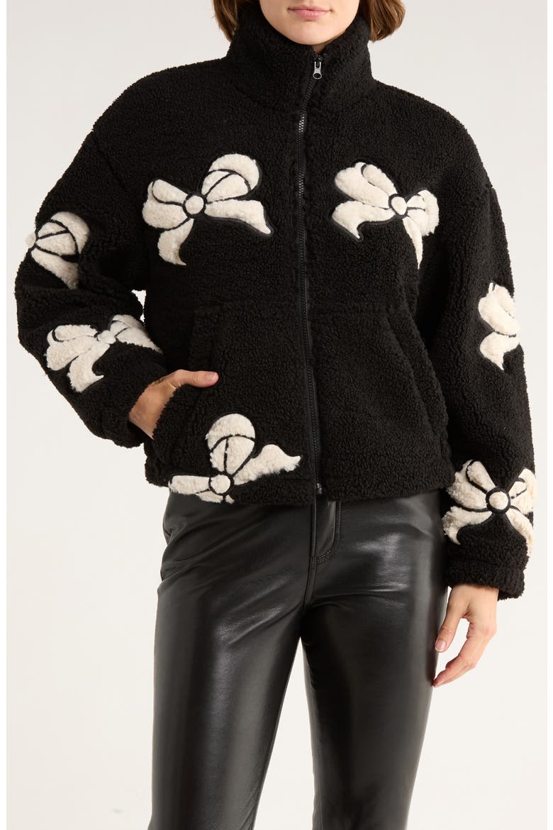 Bow Patch Faux Shearling Jacket, Main, color, BLACK