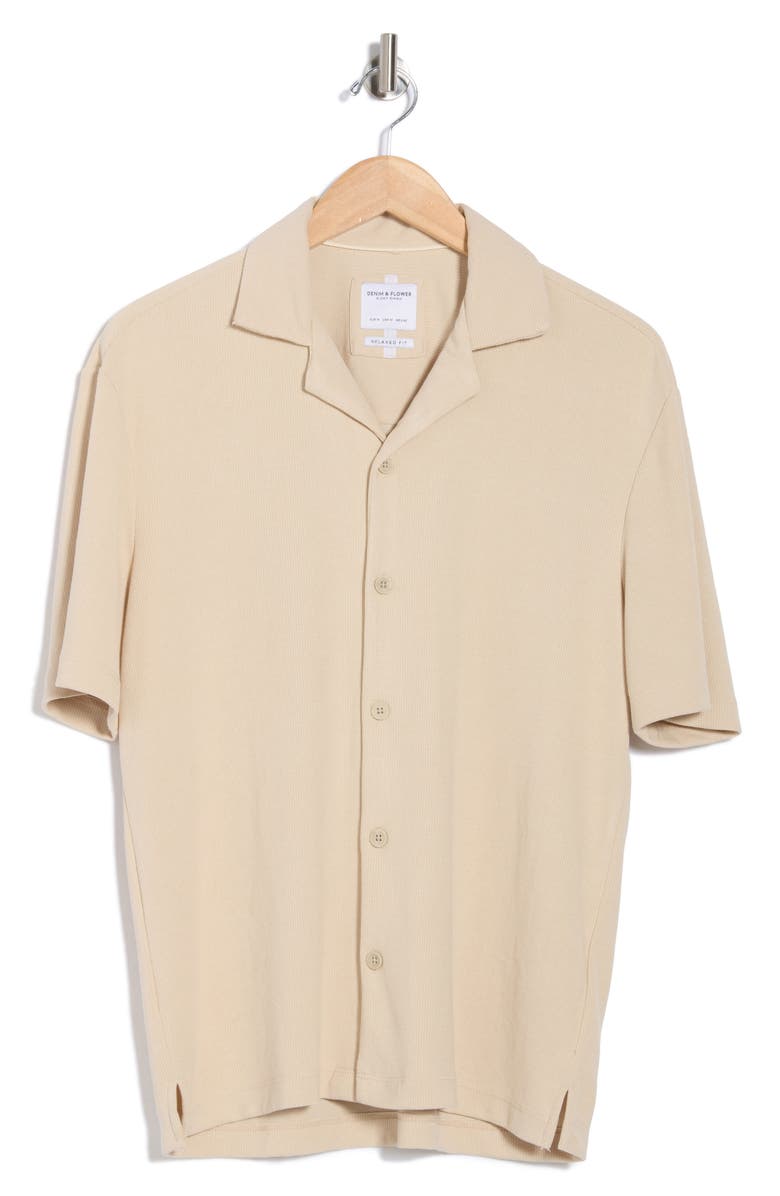 DENIM AND FLOWER Textured Knit Short Sleeve Button-Up Shirt, Alternate, color, Sand