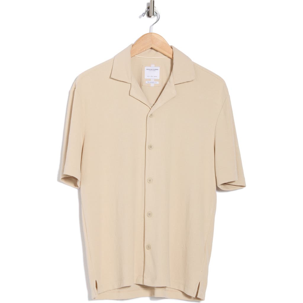 Denim And Flower Textured Knit Short Sleeve Button-up Shirt