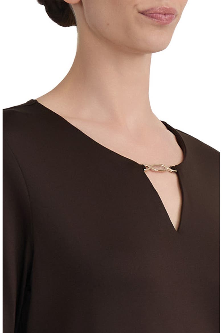 Keyhole Three-Quarter Sleeve Crepe Top, Alternate, color, COFFEE BEAN