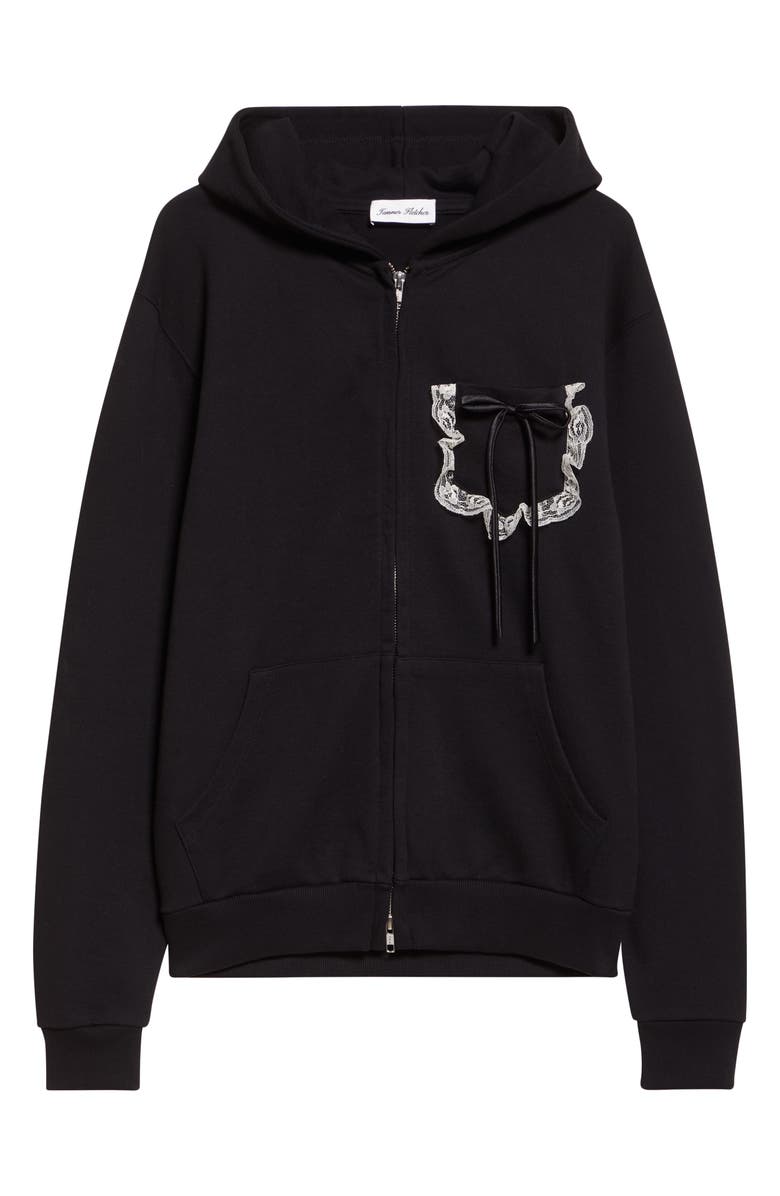 Tanner Fletcher Gender Inclusive Bennett Bow Pocket Cotton Zip-Up Hoodie, Alternate, color, Black