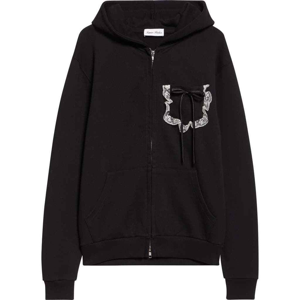 Tanner Fletcher Gender Inclusive Bennett Bow Pocket Cotton Zip-up Hoodie In Black