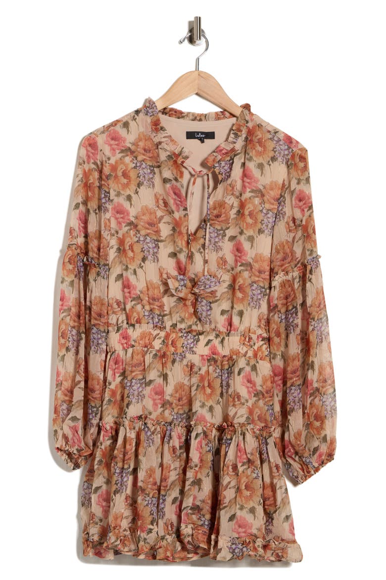 Zoe Long Sleeve Chiffon Minidress, Alternate, color, TAUPE/ ORANGE FLORAL