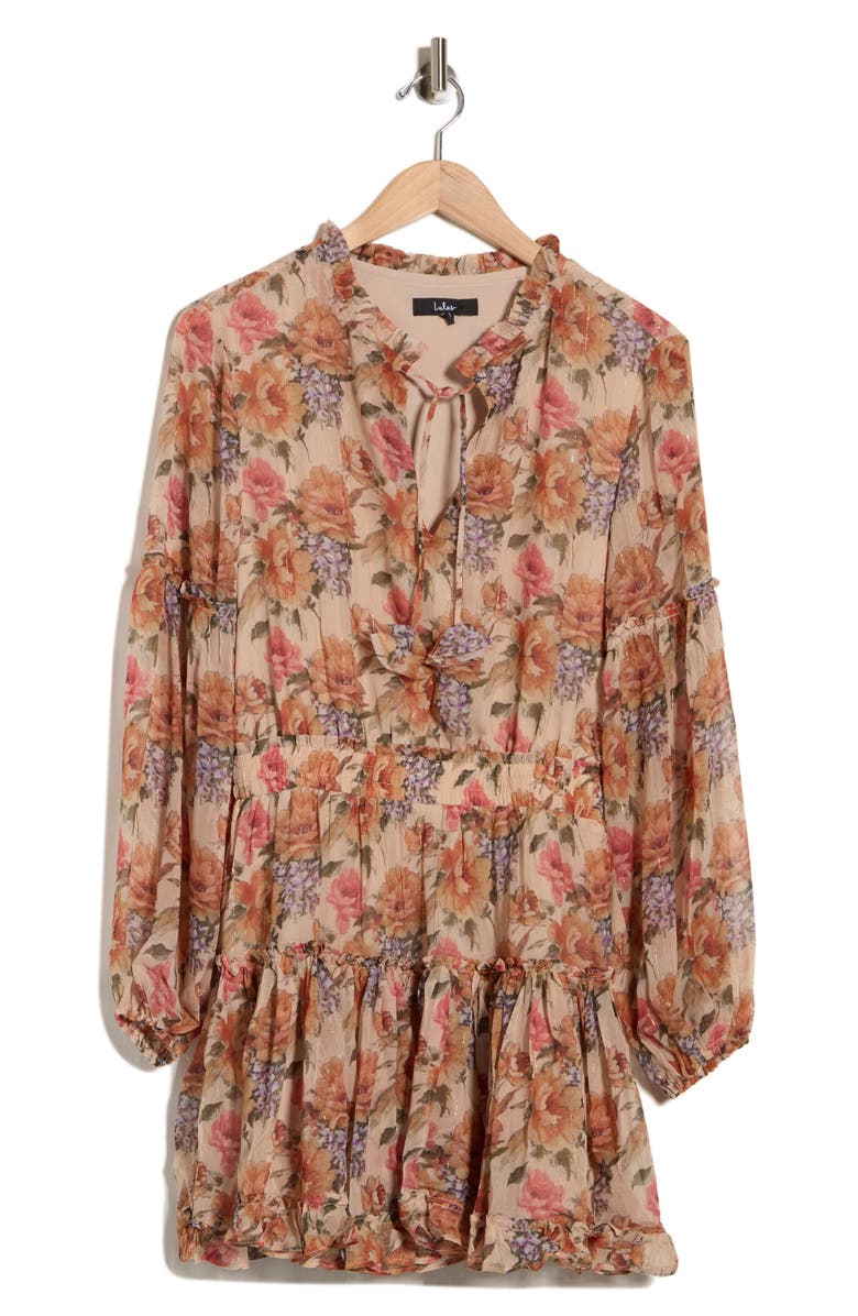 Lulus Zoe Long Sleeve Chiffon Minidress, Main, color, Taupe/ Orange Floral