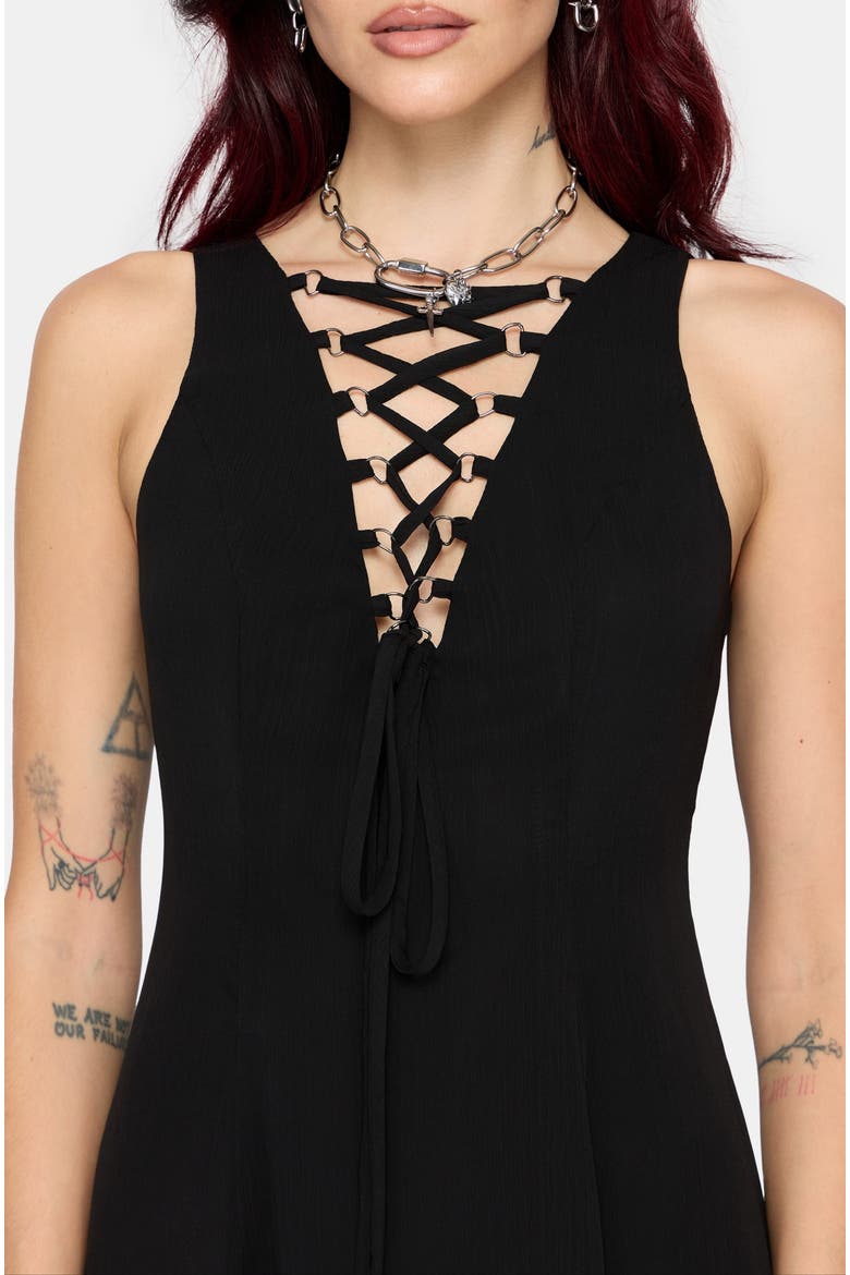 Luciana Lace Up Neck Chiffon Midi Dress, Alternate, color, Black