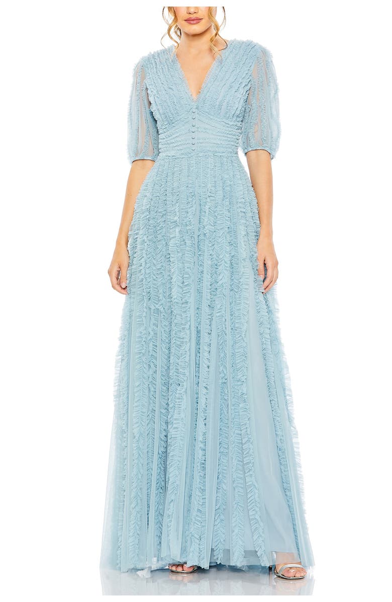 Mac Duggal V Neck Puff Sleeve Ruffle Tiered A Line Gown, Main, color, French Blue