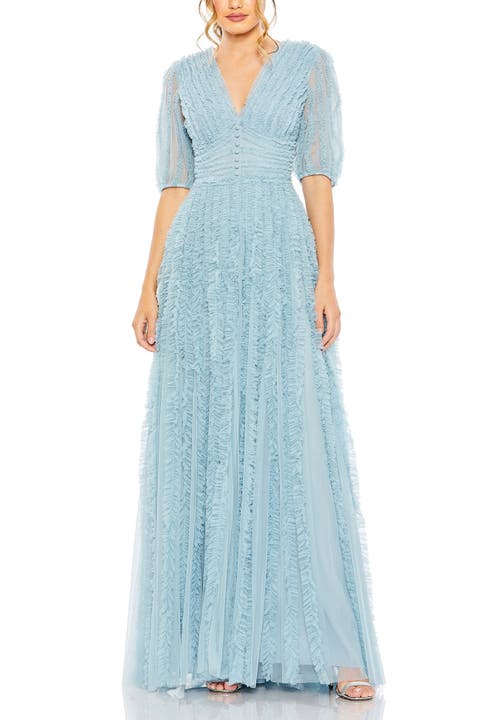 V Neck Puff Sleeve Ruffle Tiered A Line Gown