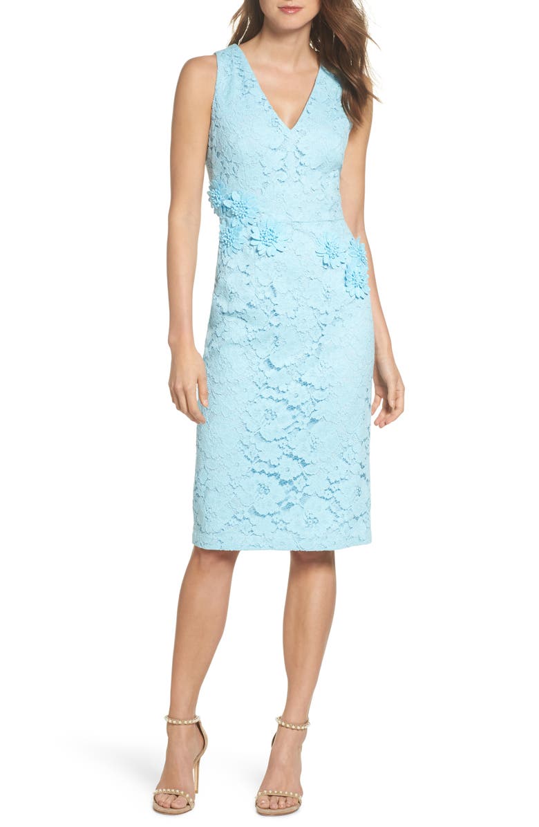 Maggy London Appliqué Lace Sheath Dress, Main, color, 