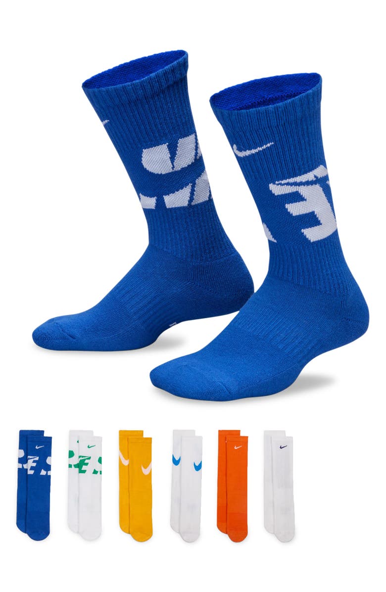 Nike Everyday 6-Pack Cushioned Crew Socks, Alternate, color, Multi Color Blue