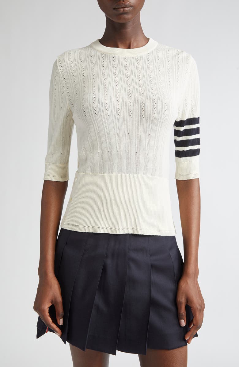 Thom Browne 4-Bar Short Sleeve Pointelle Sweater, Main, color, 