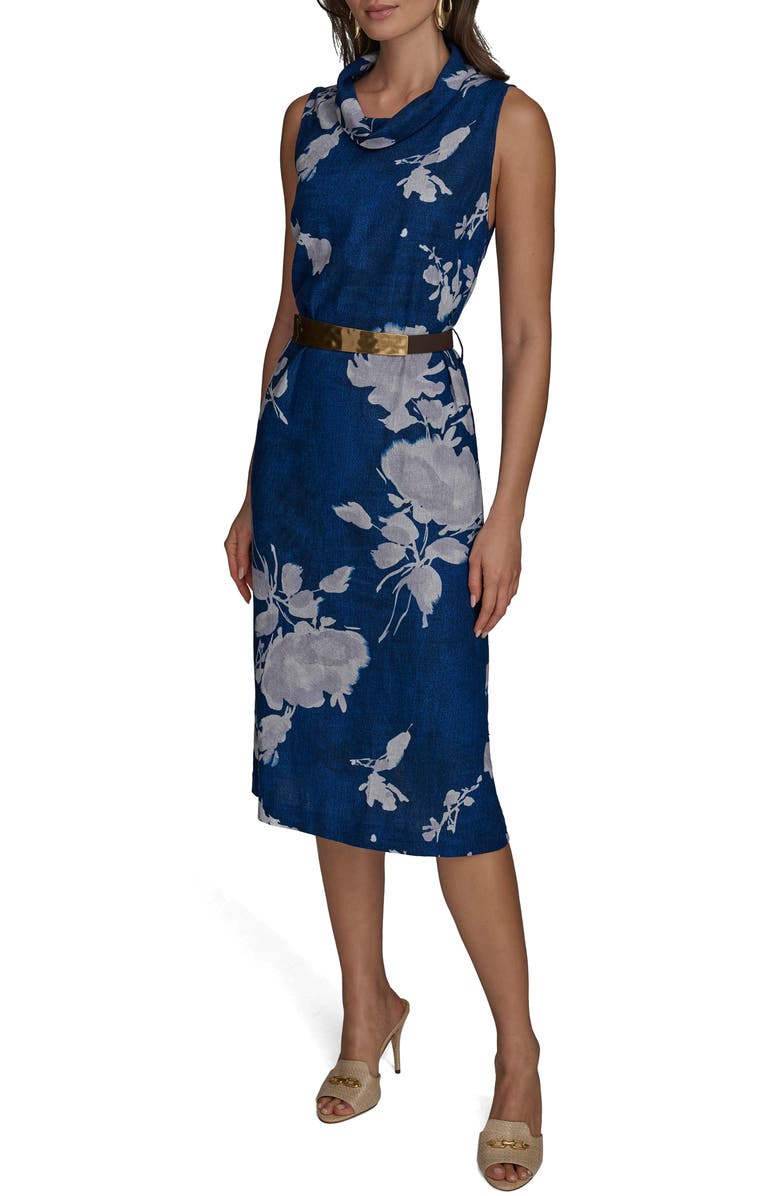 Donna Karan New York Floral Sleeveless Linen Blend Sheath Dress, Main, color, Marbella M