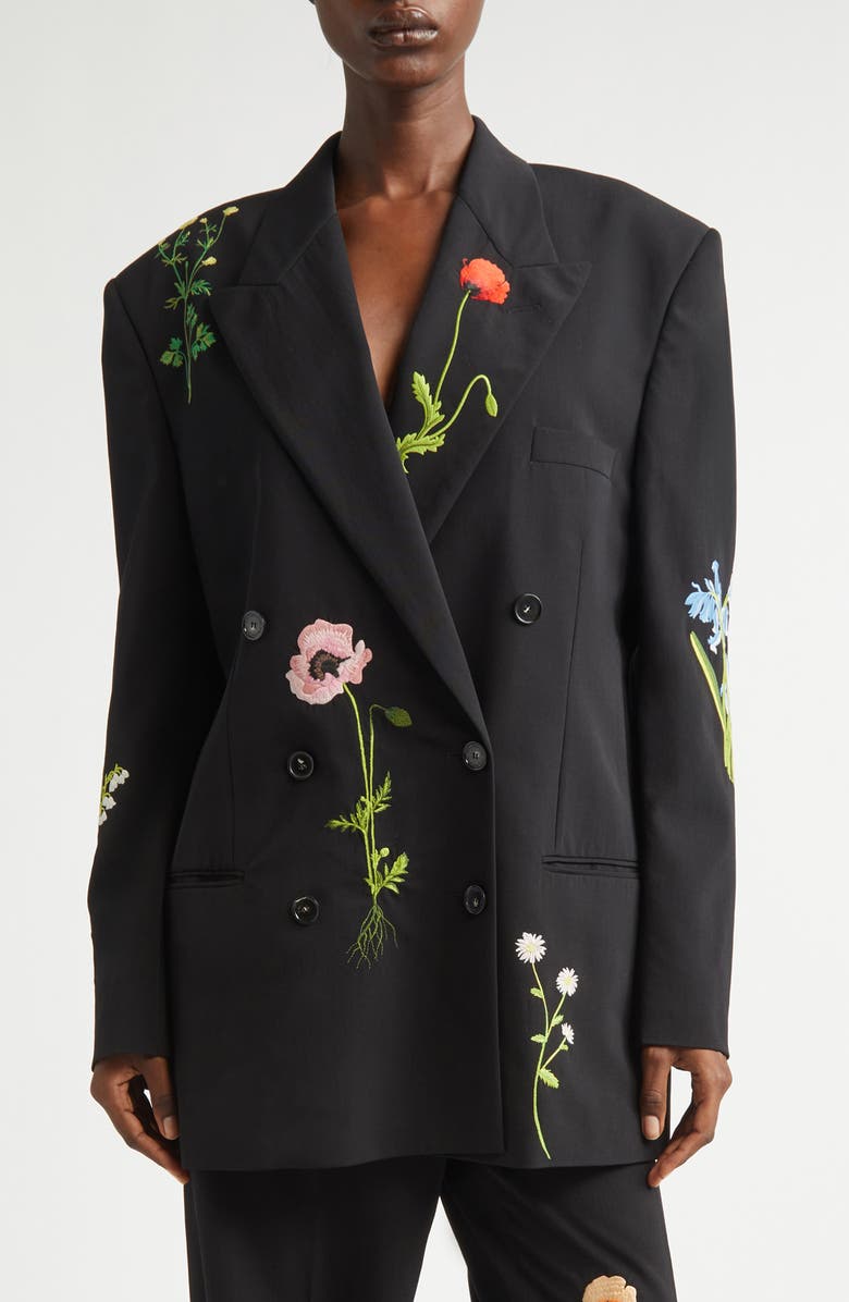 Stella McCartney Flower Embroidery Wool Jacket, Main, color, Black