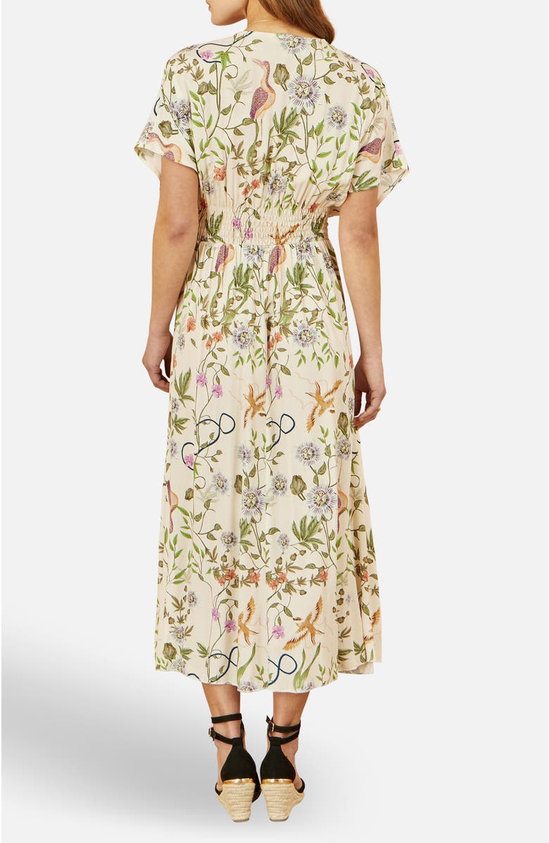 Yumi Floral Print Ruched Waist Midi Dress, Alternate, color, Beige