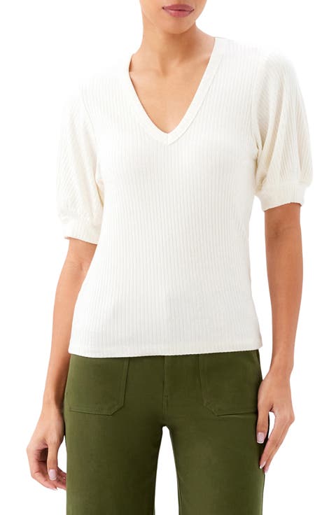 Puff Sleeve Rib V-Neck Top
