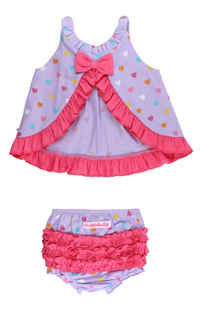 RuffleButts Kids
 Heart Print Cotton Ruffle Swing Top and Bloomer Set, Alternate, color, Purple
