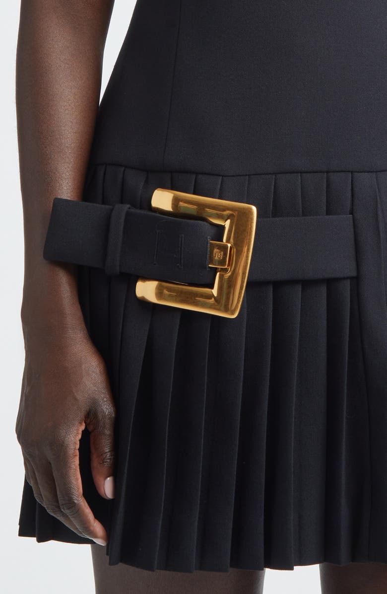 Balmain Belted Wool Grain de Poudre Minidress, Alternate, color, Black