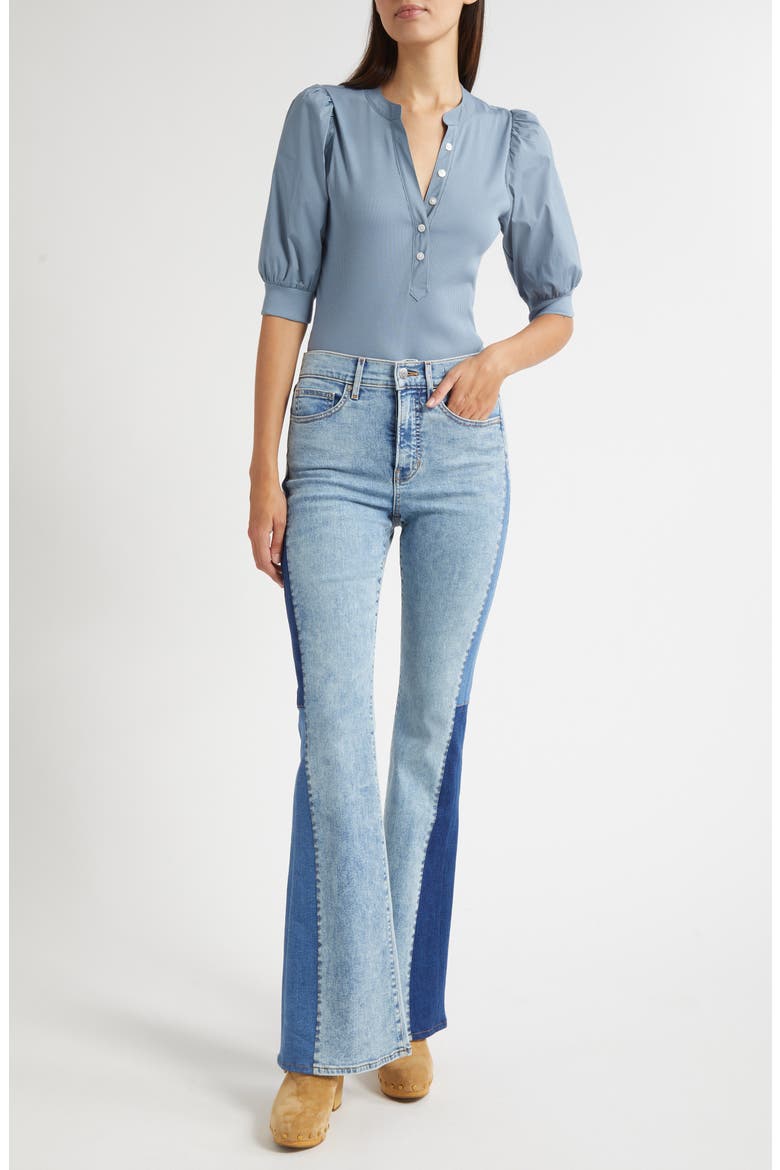 Coralee Puff Sleeve Mixed Media Henley Top, Alternate, color, LAKE MIST