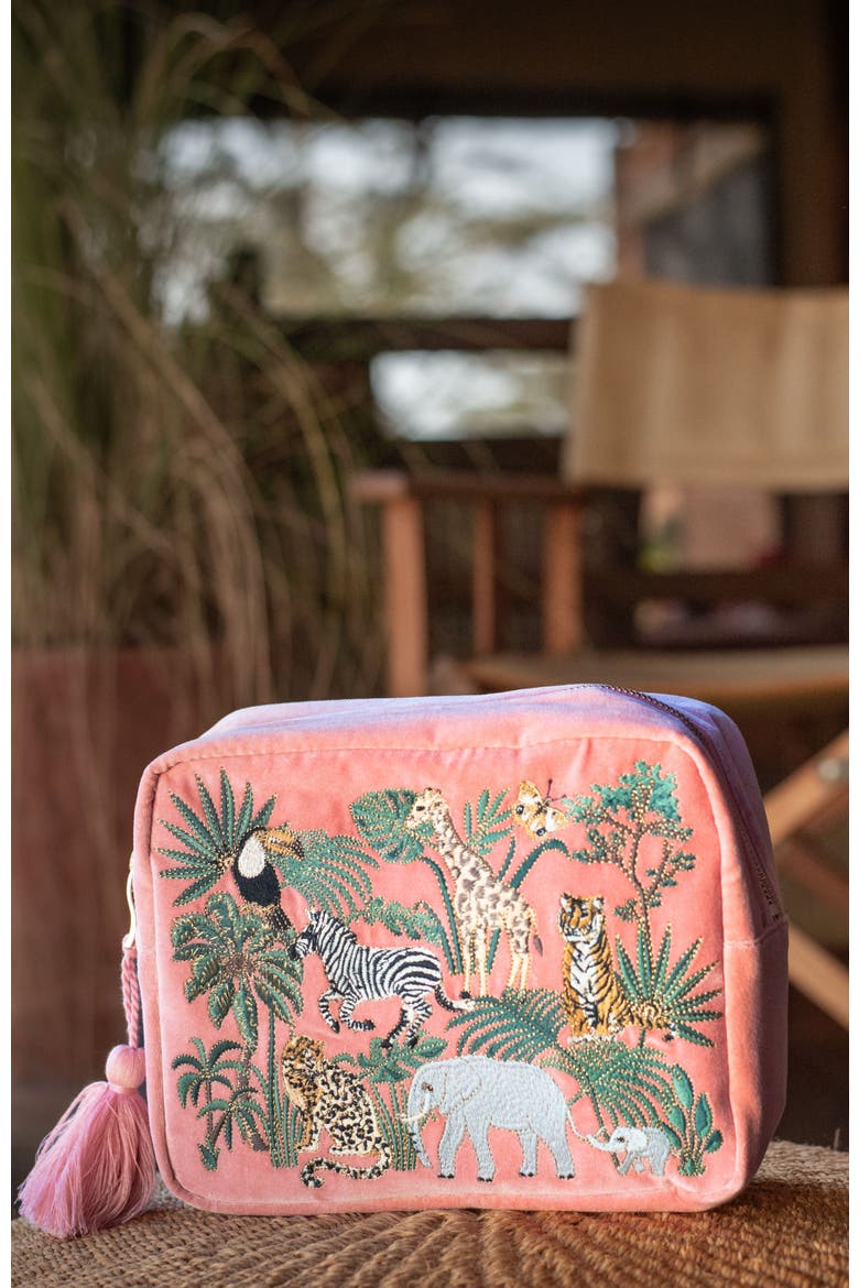 World Wildlife Velvet Wash Bag, Alternate, color, Coral