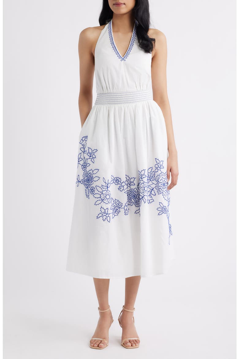 Placed Embroidery Halter Neck Cotton Midi Dress, Main, color, IVORY BLUE