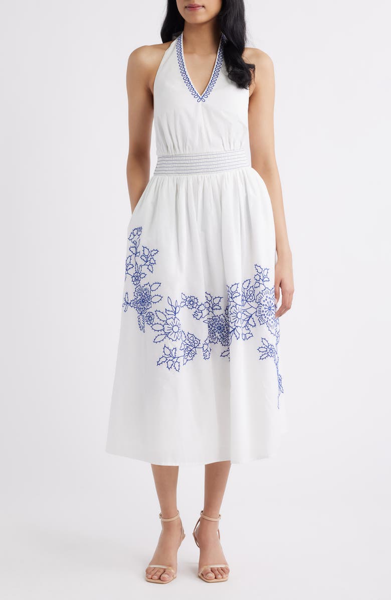 Eliza J Placed Embroidery Halter Neck Cotton Midi Dress, Main, color, Ivory Blue