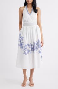Eliza J Placed Embroidery Halter Neck Cotton Midi Dress