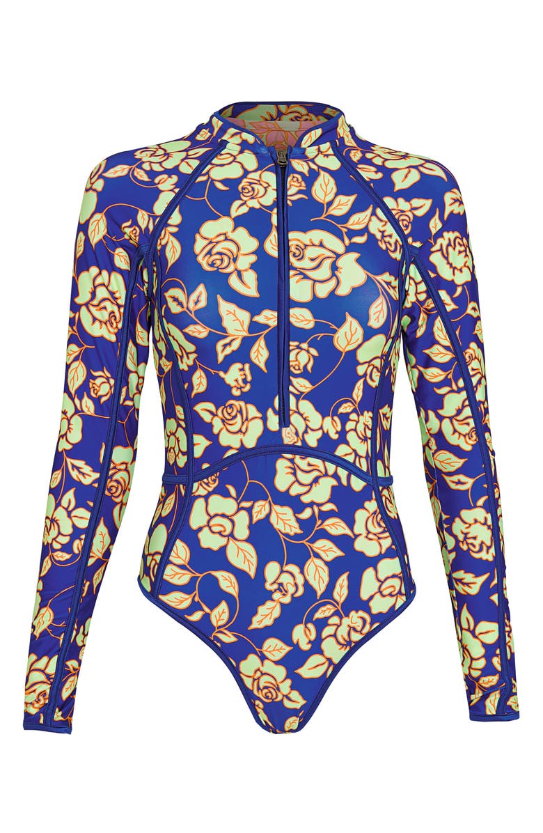 Maaji Cobalt Florea Cardi Long Sleeve Reversible One-Piece Swimsuit, Alternate, color, Blue
