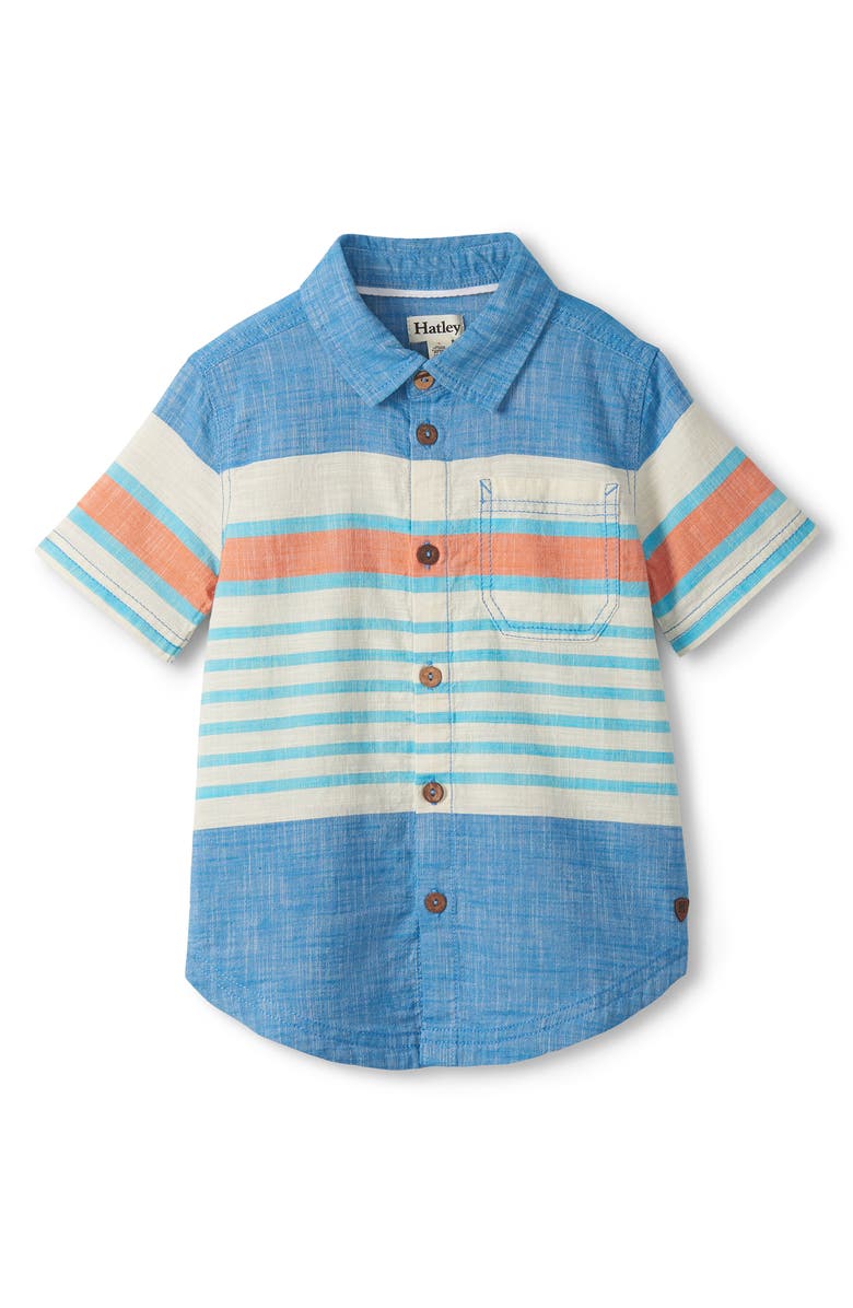 Hatley Kids' Fresh Stripes Short Sleeve Cotton Button-Up Shirt, Main, color, White