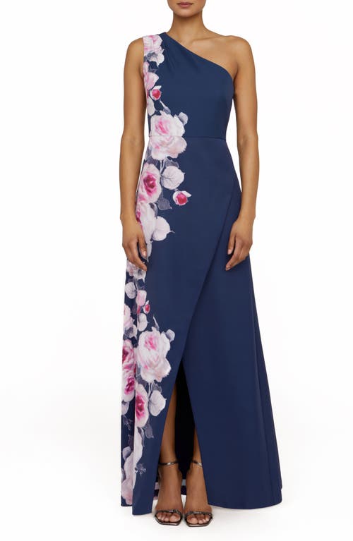 Kay Unger Carissa One-shoulder Gown In Deep Navy