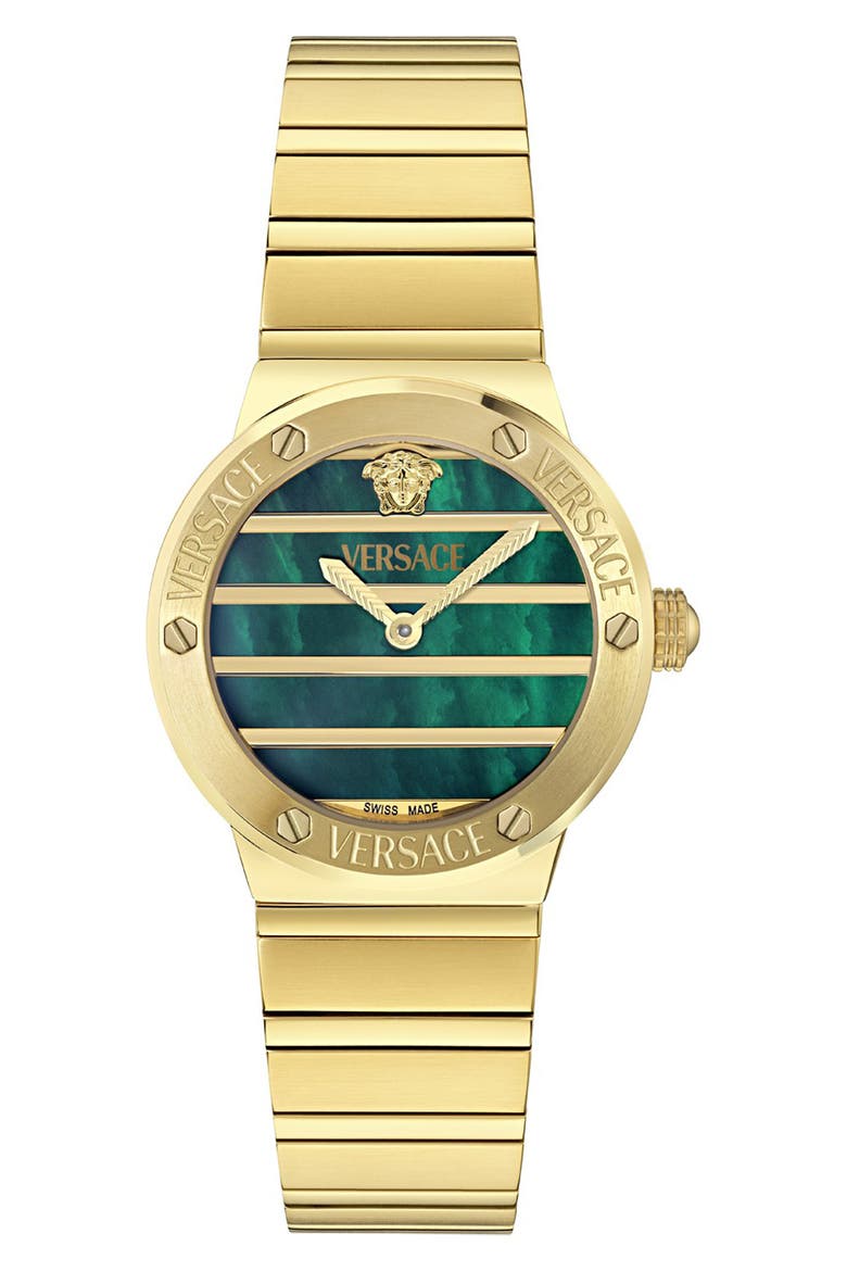 Greca Logo Mother-of-Pearl Bracelet Watch, 33mm, Main, color, GREEN/ YELLOW GOLD