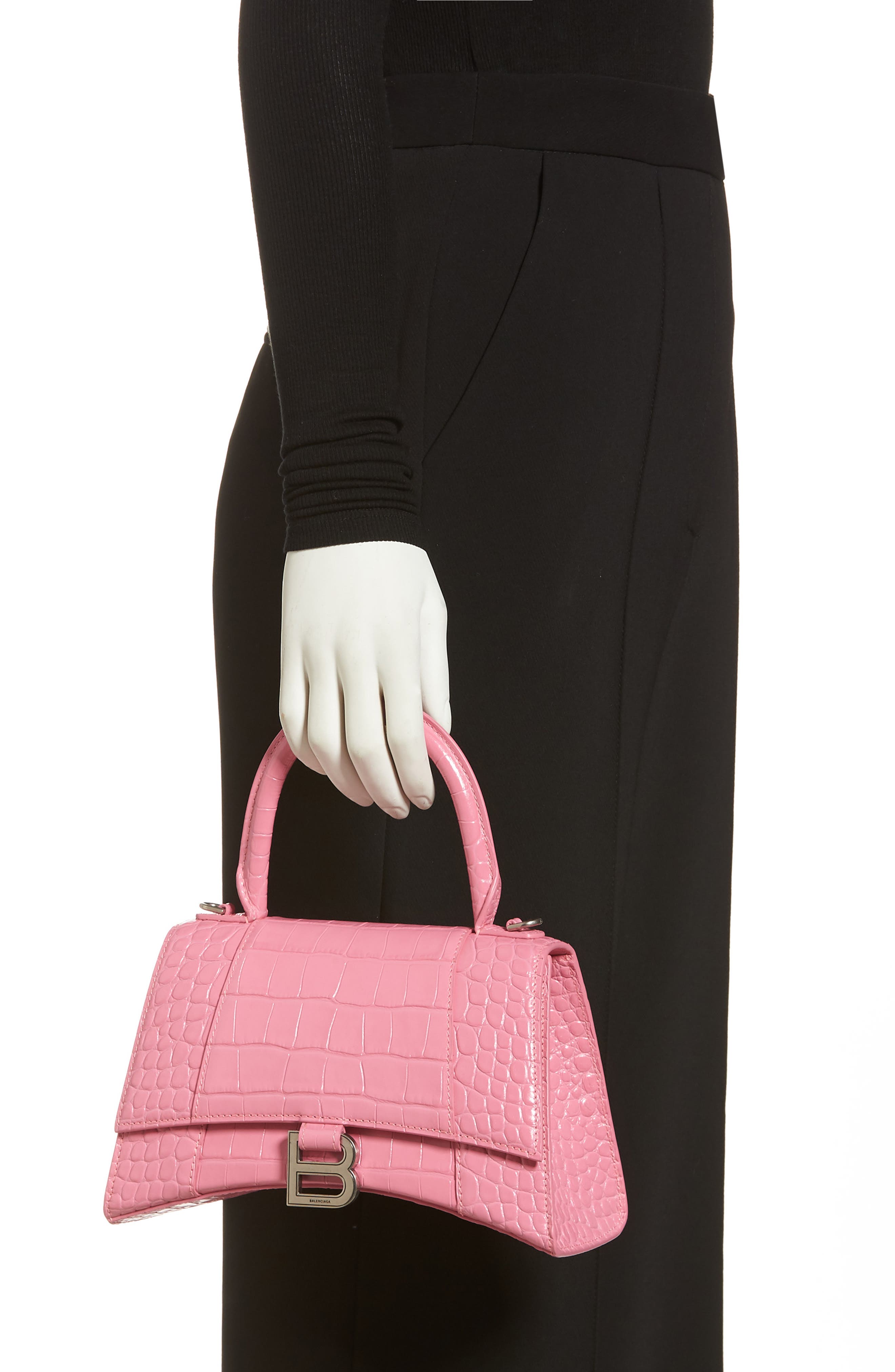 Small Hourglass Croc Embossed Leather Top Handle Bag, Alternate, color, BABY PINK