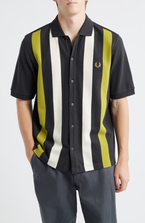 Vertical Stripe Short Sleeve Cotton Pique Button-Up Shirt