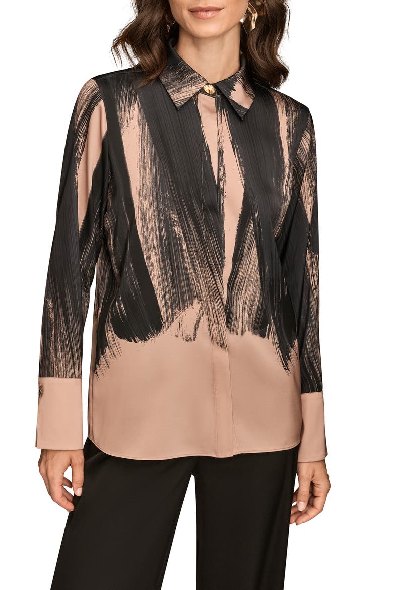 Print Satin Blouse, Main, color, FAWN/BLACK