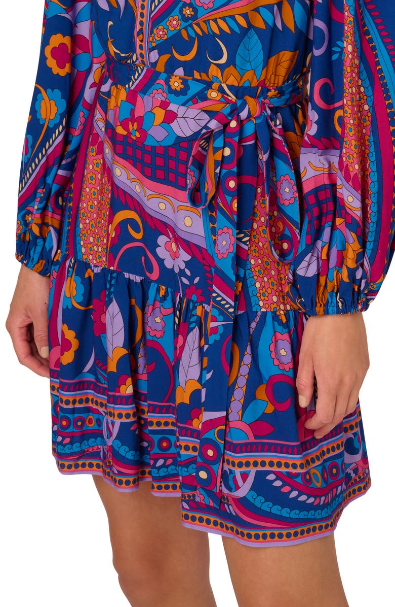 Adrianna Papell Print Tie Waist Long Sleeve Dress, Alternate, color, Blue Multi